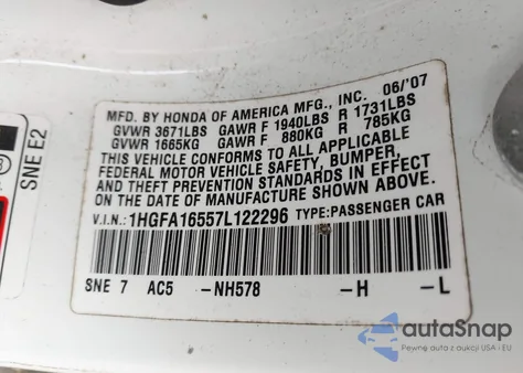 2007 Honda Civic Lx z USA, uszkodzony, nr VIN 1HGFA16557L122296